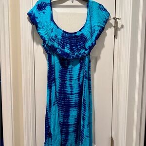 Charlie Paige Turquoise & Navy Tie-Dye Off the Shoulder Dress